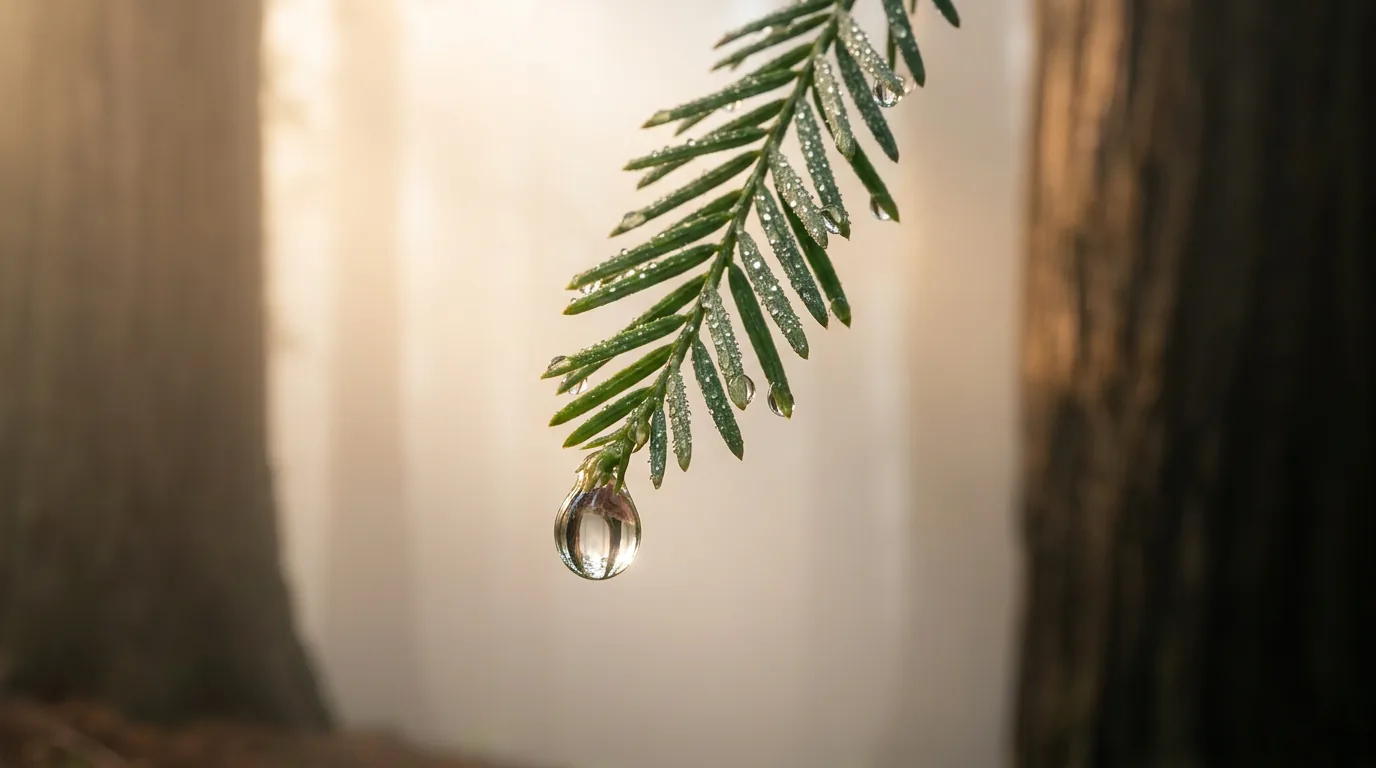 A single droplet suspended from a redwood branch.