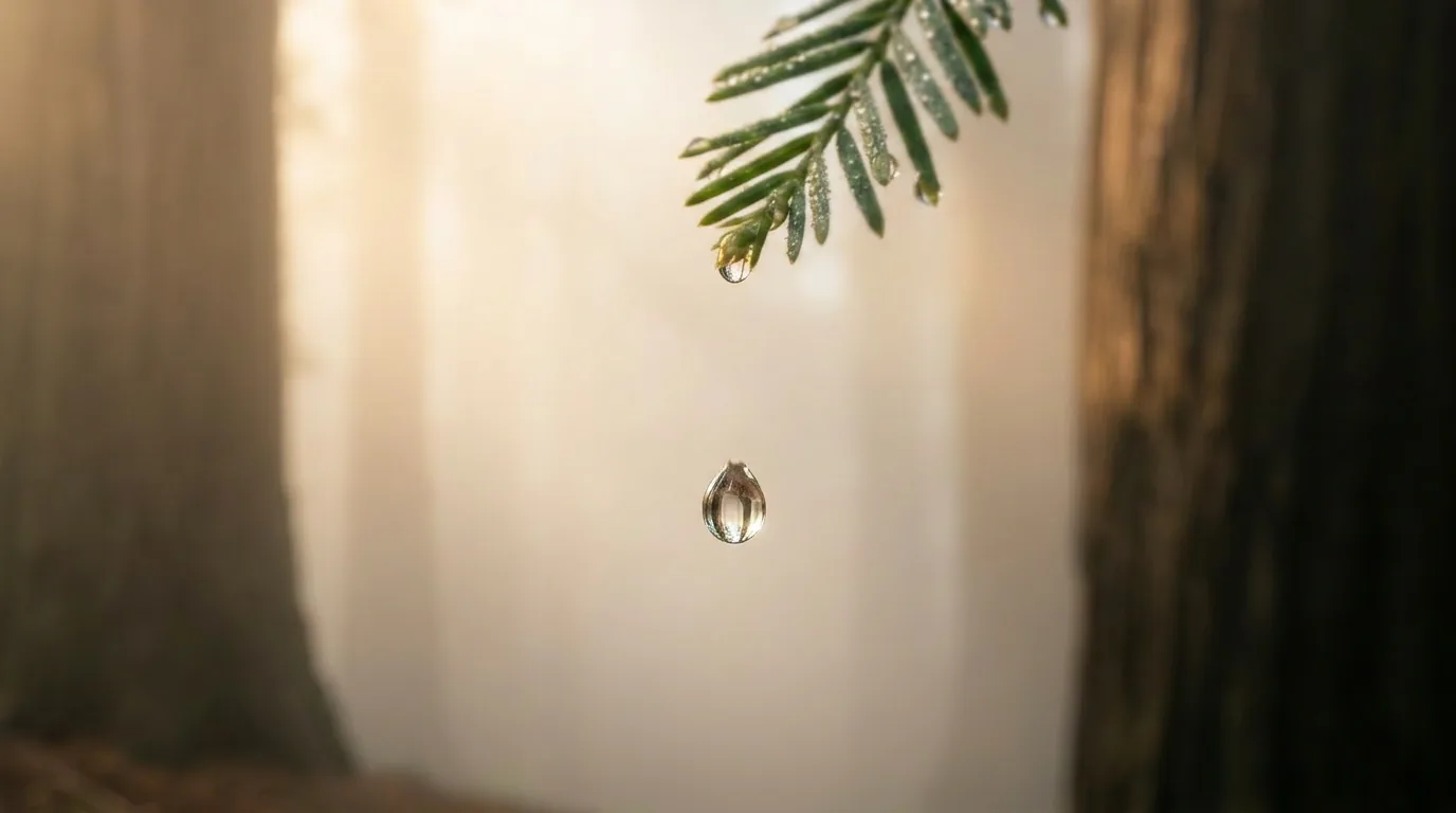 A droplet falling from a redwood branch.