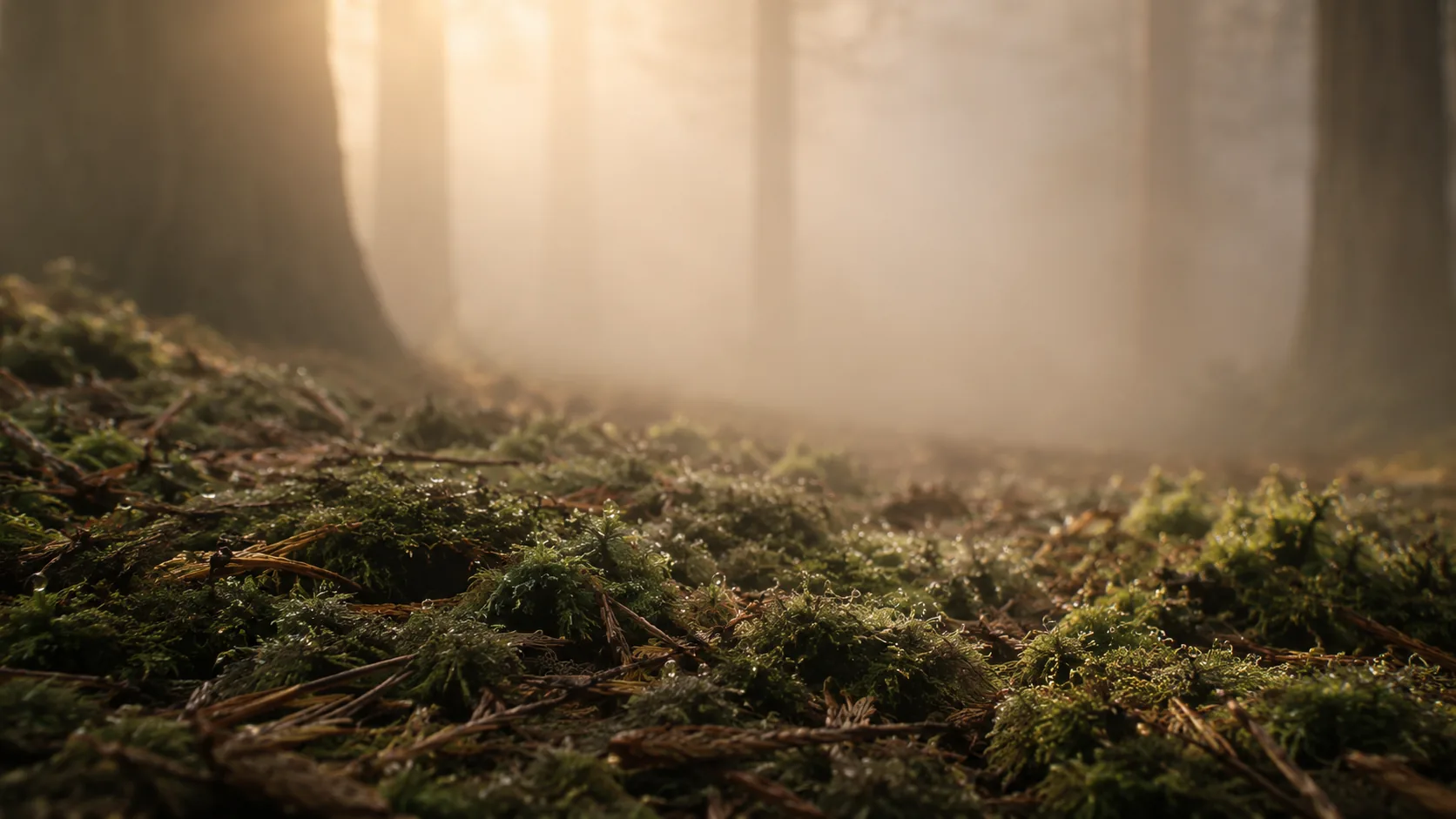 The forest floor covered in moss and morning moisture.