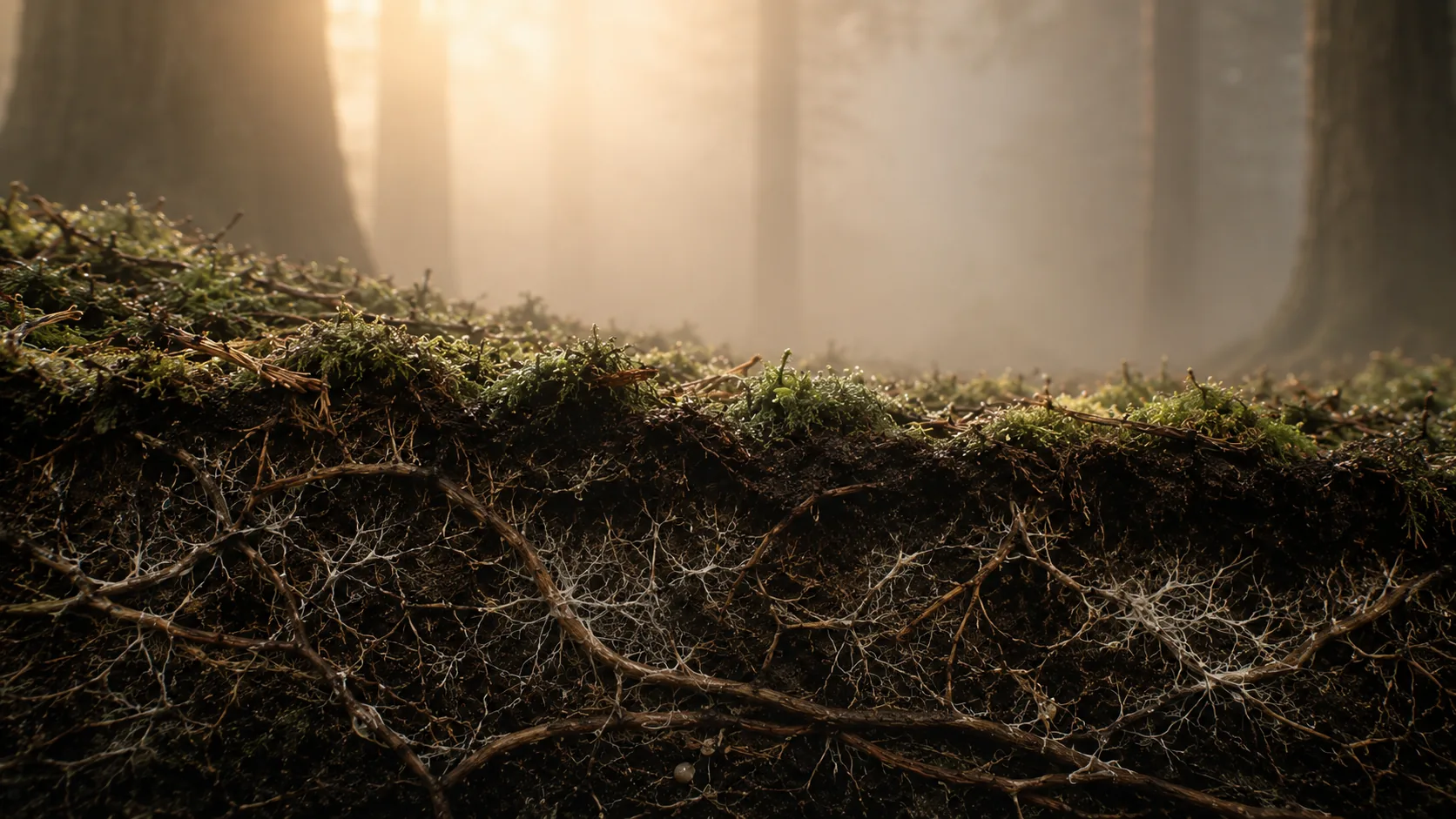 A natural underground network of roots beneath the forest floor.