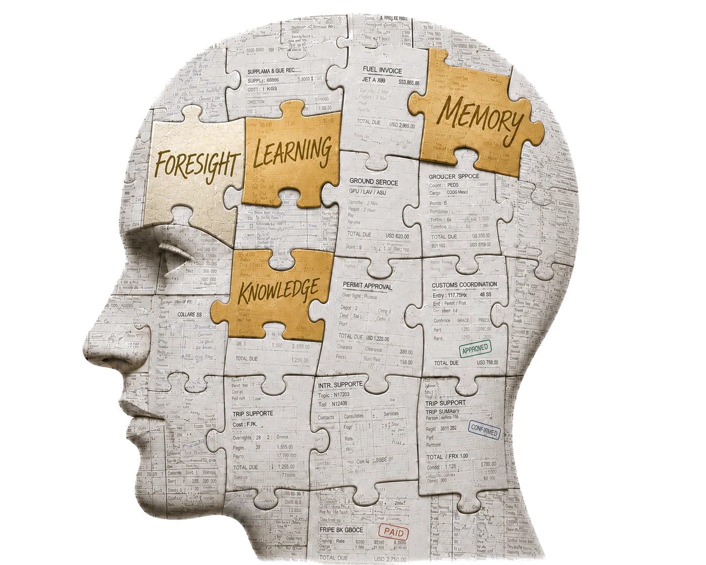 A human profile composed of connected puzzle pieces representing knowledge, memory, learning, and foresight.